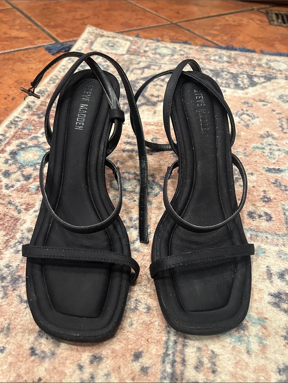Steve Madden Black Strappy Square-Toe Heeled Sandals